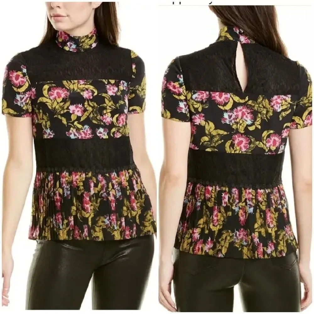 Saloni Women's Fuchsia Azalea & Black Short Sleeve Dita Silk-Blend Top S…